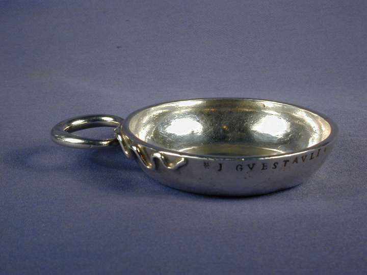 Louis XV provincial silver wine taster by Olivier Destriche, Angers 1744. Snake handle and engraved M.David p.ur.